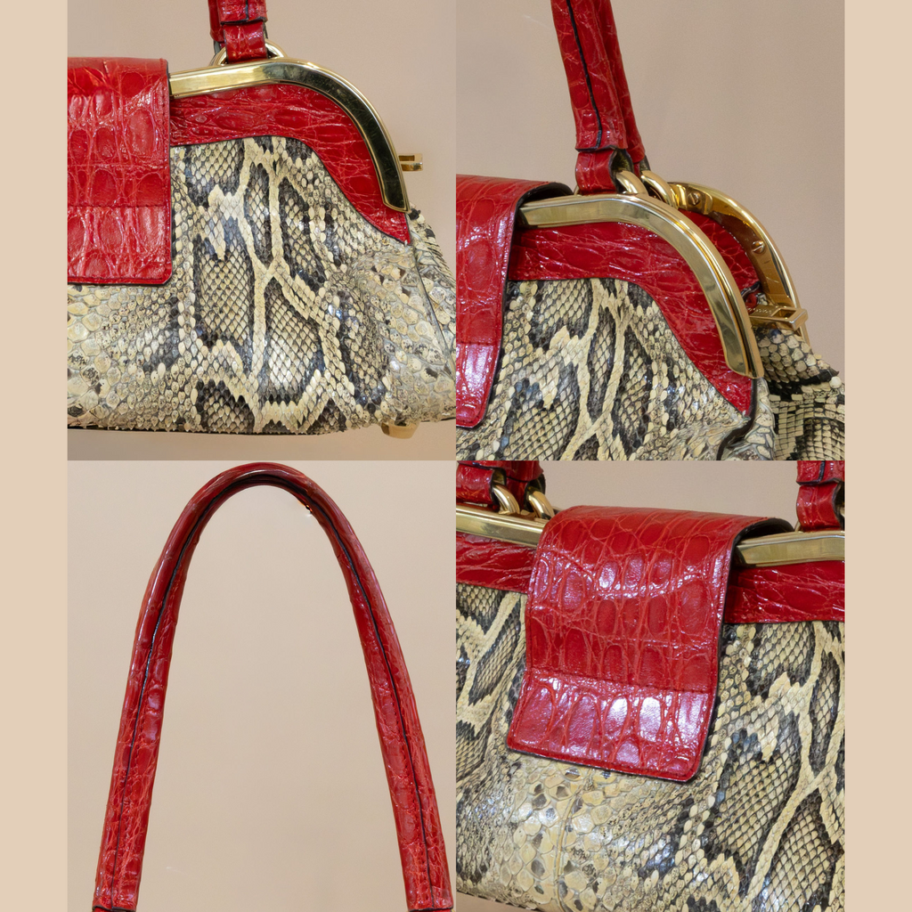 Dolce & Gabbana Exotic Python Leather Shoulder Bag with Gold-Tone Hardware & Red Accents – Pre-Owned Vintage