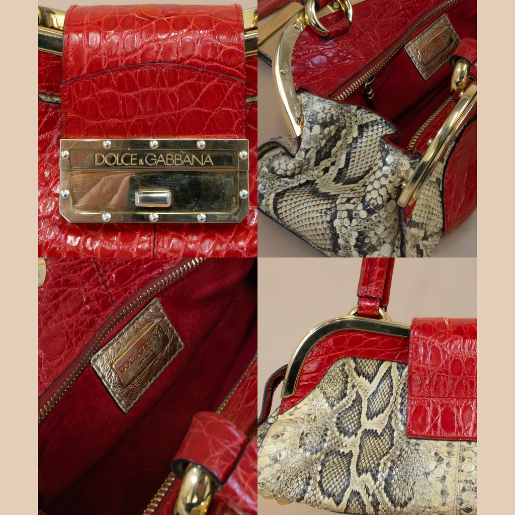 Dolce & Gabbana Exotic Python Leather Shoulder Bag with Gold-Tone Hardware & Red Accents – Pre-Owned Vintage