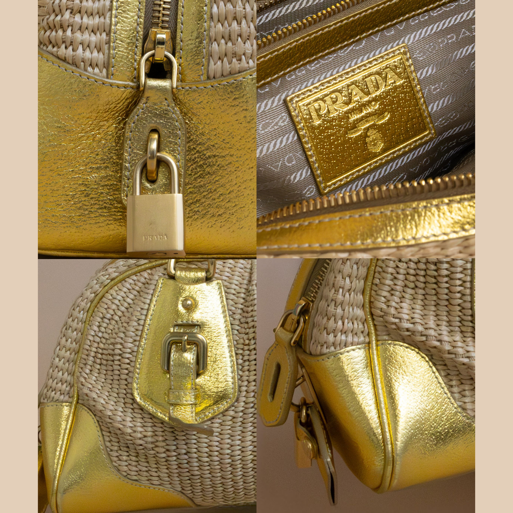 Prada Vintage Gold Nylon Straw & Leather Shoulder Bag