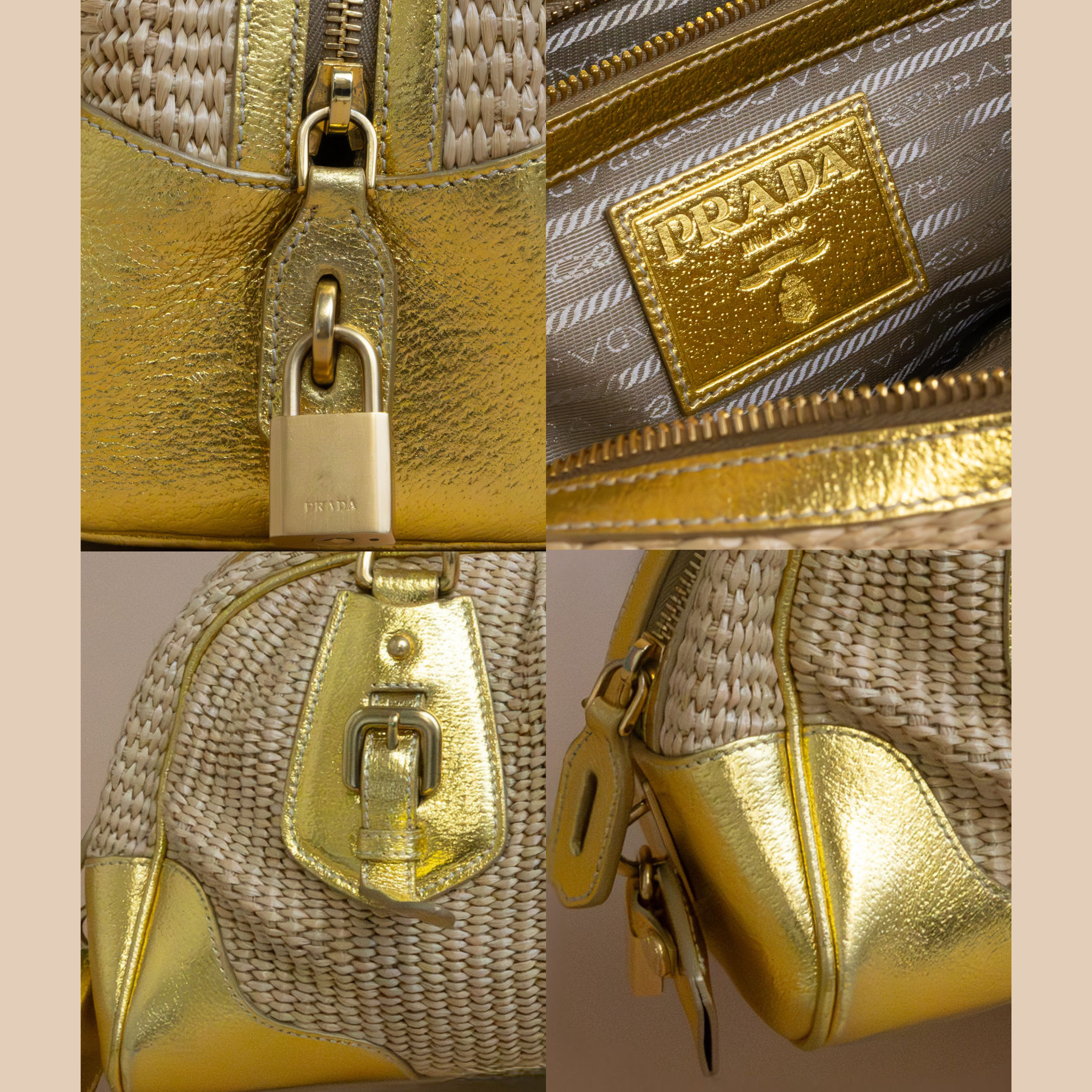 Prada Vintage Gold Nylon Straw & Leather Shoulder Bag