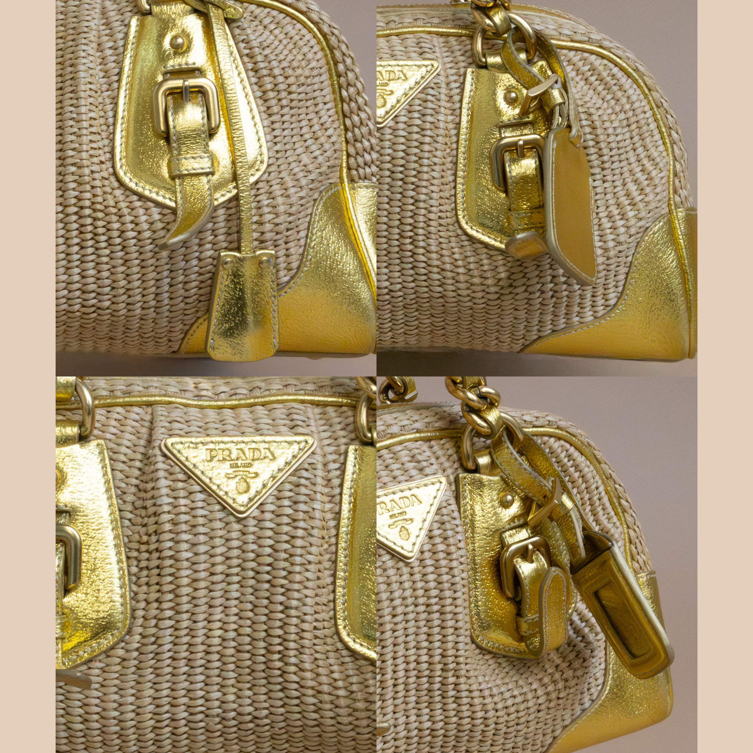 Prada Vintage Gold Nylon Straw & Leather Shoulder Bag