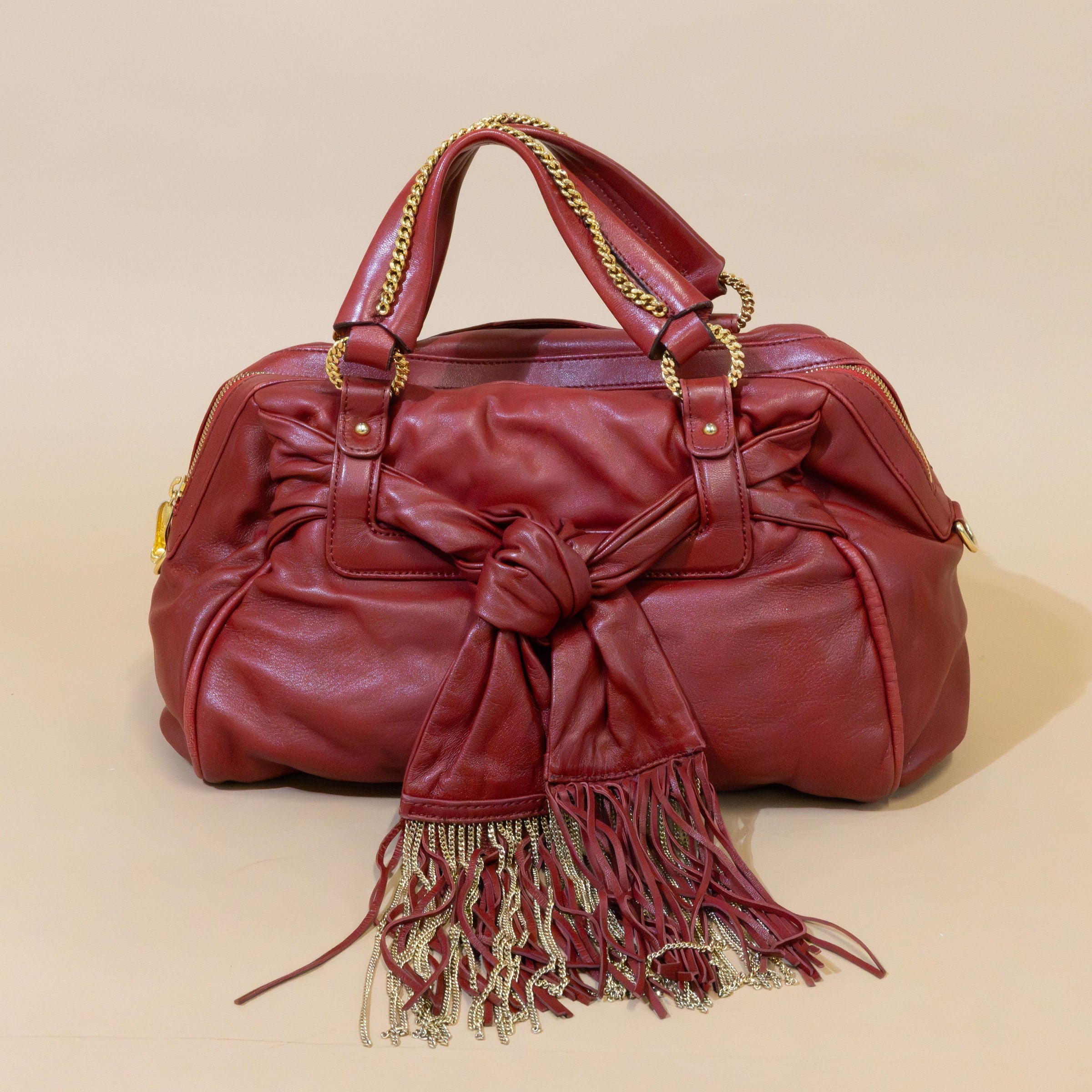 Christian Louboutin Red Leather Fringe Bag – Vintage Icon w/ Chain Details