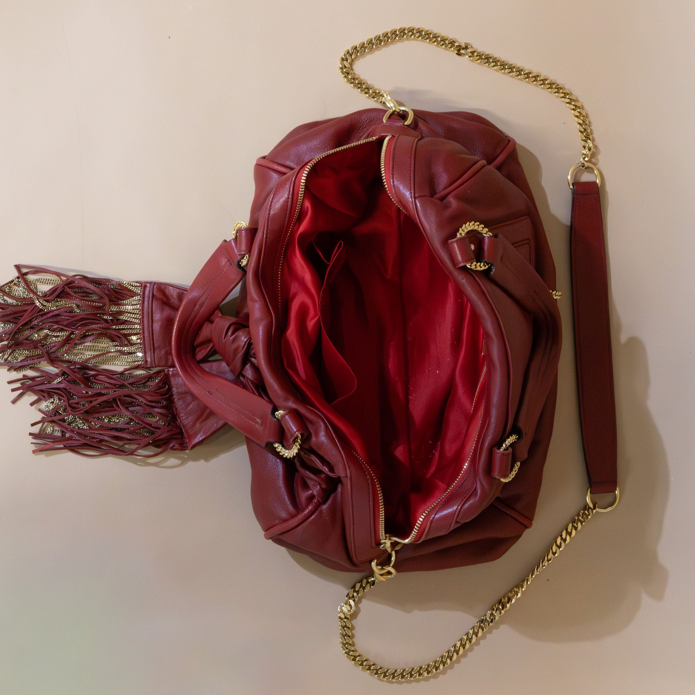 Christian Louboutin Red Leather Fringe Bag – Vintage Icon w/ Chain Details