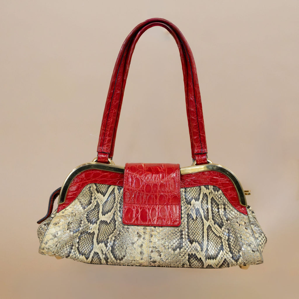 Dolce & Gabbana Exotic Python Leather Shoulder Bag with Gold-Tone Hardware & Red Accents – Pre-Owned Vintage