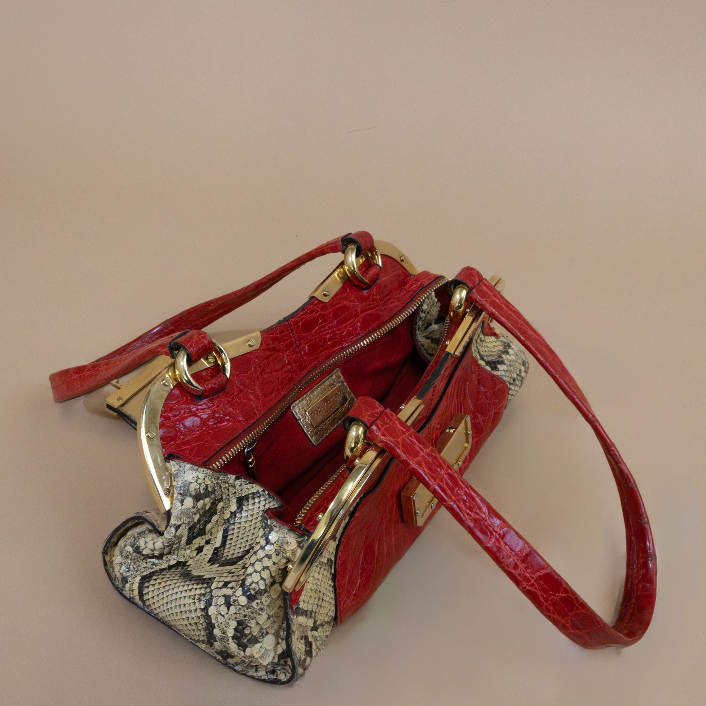 Dolce & Gabbana Exotic Python Leather Shoulder Bag with Gold-Tone Hardware & Red Accents – Pre-Owned Vintage