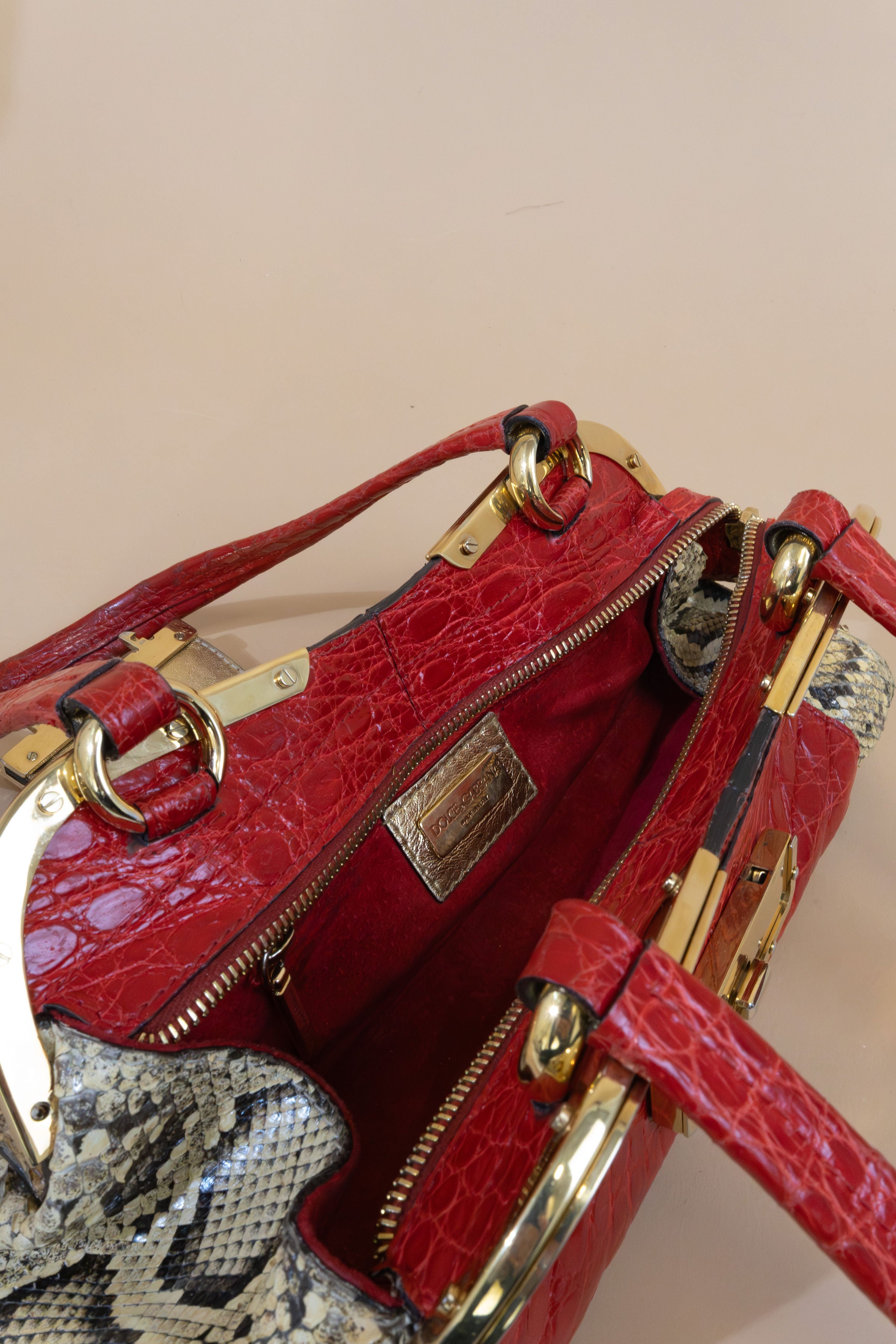 Dolce & Gabbana Exotic Python Leather Shoulder Bag with Gold-Tone Hardware & Red Accents – Pre-Owned Vintage