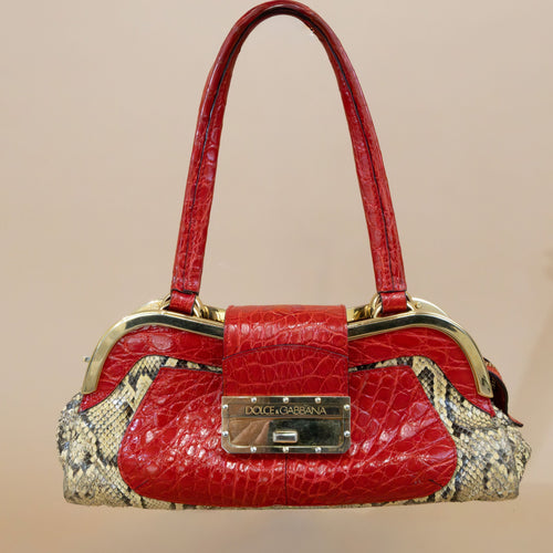 Dolce & Gabbana Exotic Python Leather Shoulder Bag with Gold-Tone Hardware & Red Accents – Pre-Owned Vintage