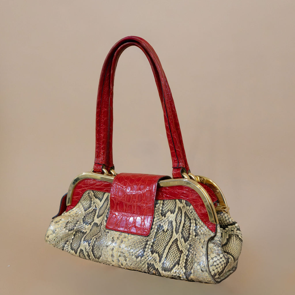 Dolce & Gabbana Exotic Python Leather Shoulder Bag with Gold-Tone Hardware & Red Accents – Pre-Owned Vintage