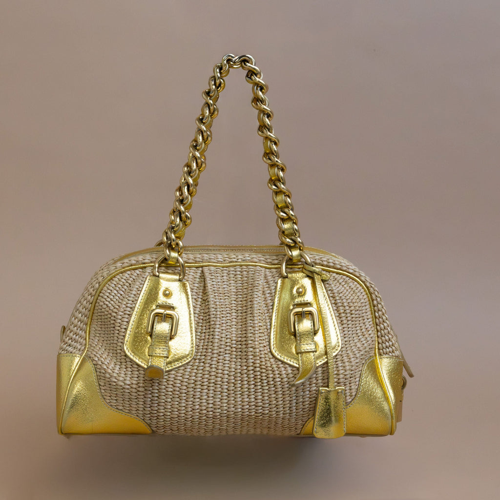 Prada Vintage Gold Nylon Straw & Leather Shoulder Bag