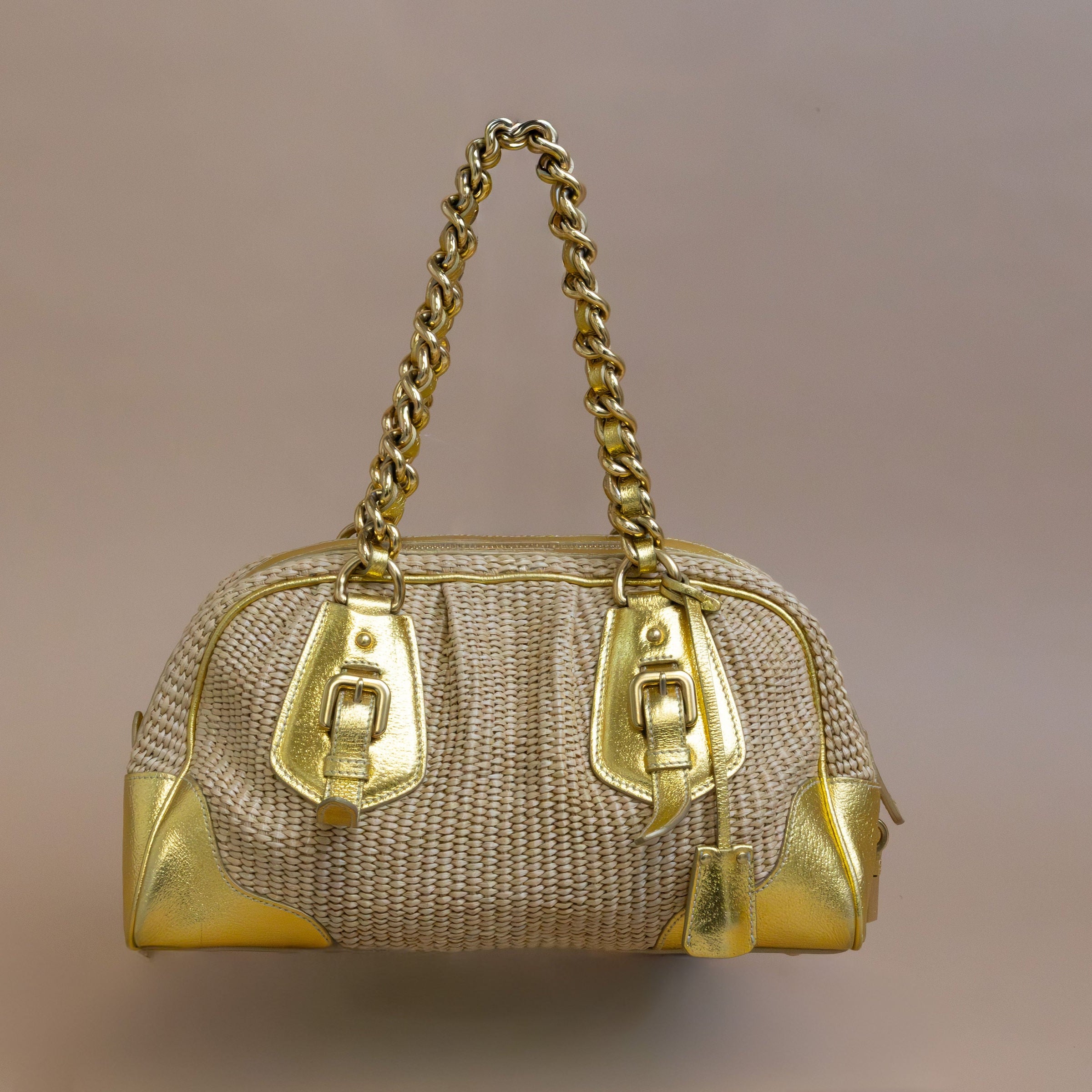 Prada Vintage Gold Nylon Straw & Leather Shoulder Bag