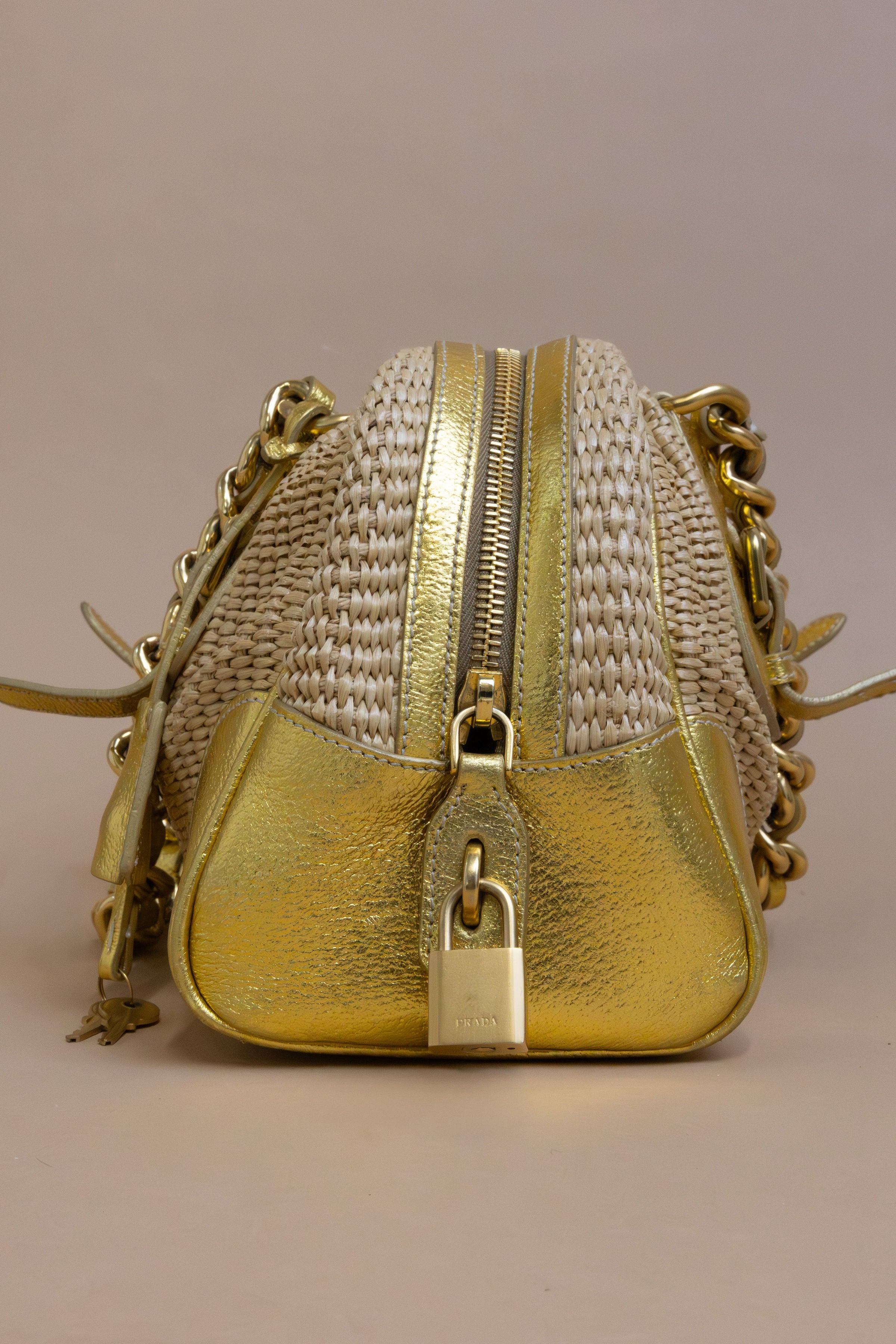 Prada Vintage Gold Nylon Straw & Leather Shoulder Bag