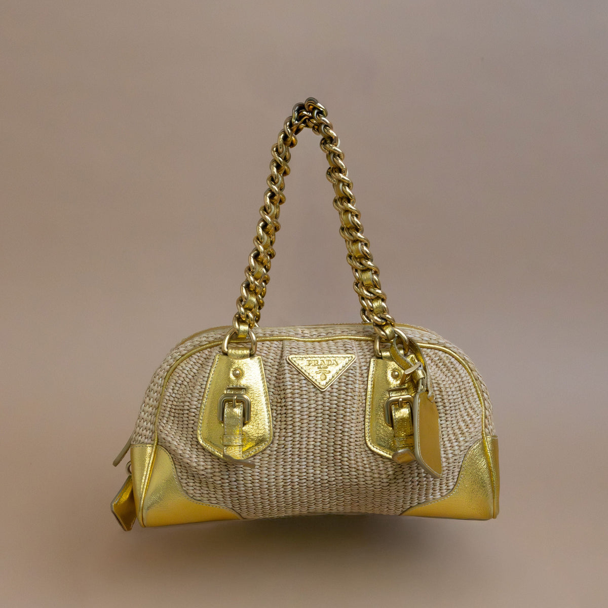 Prada Vintage Gold Nylon Straw & Leather Shoulder Bag