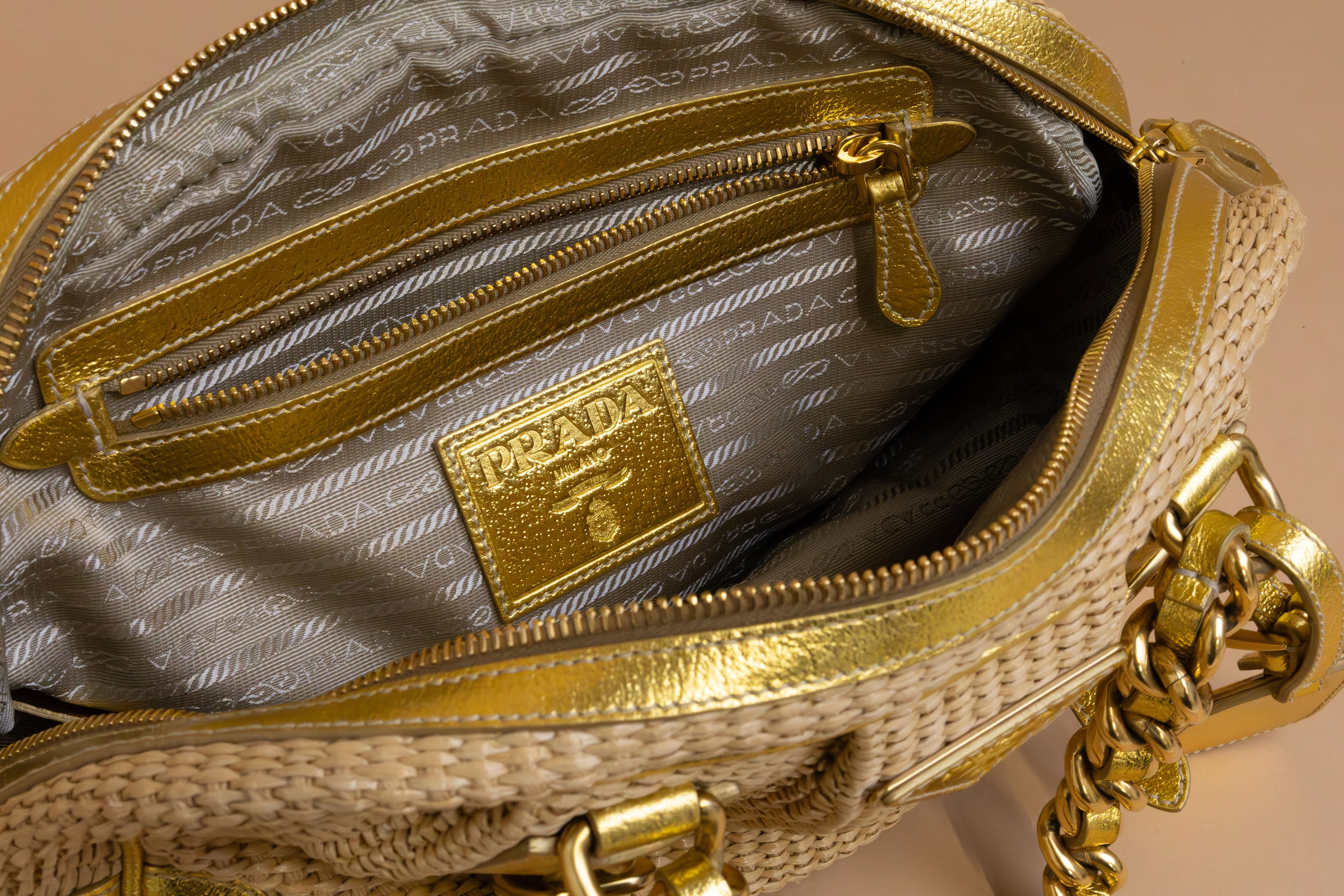 Prada Vintage Gold Nylon Straw & Leather Shoulder Bag