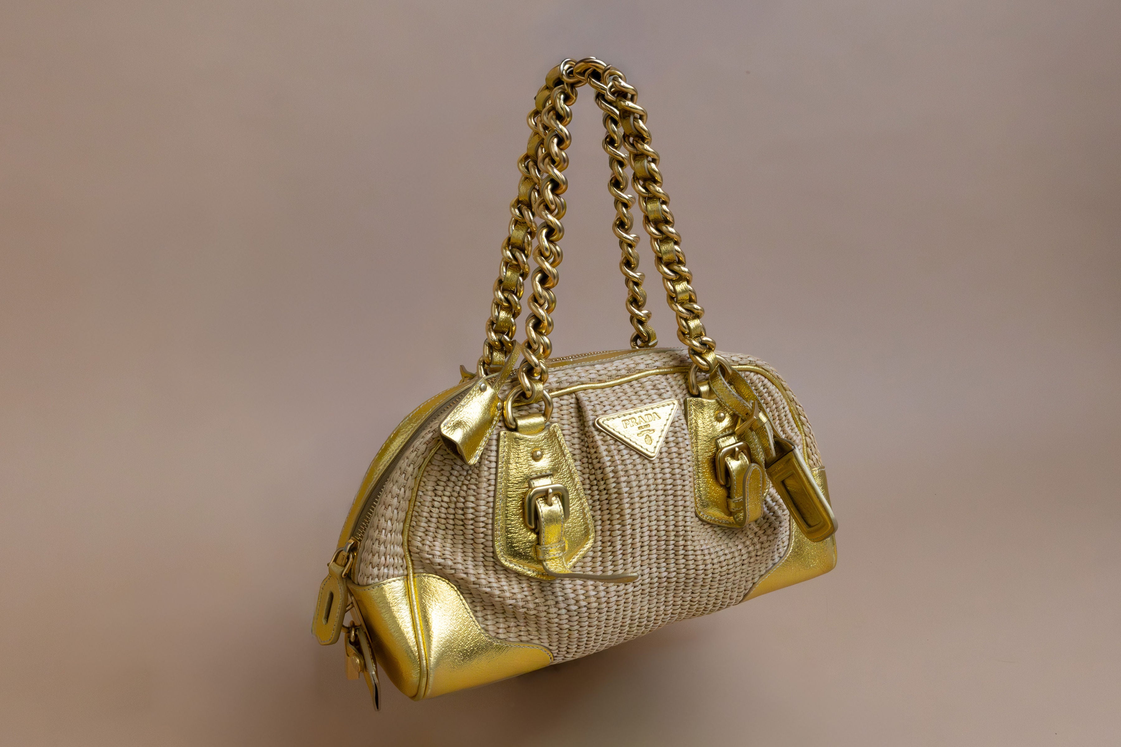 Prada Vintage Gold Nylon Straw & Leather Shoulder Bag